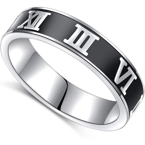 S925 Sterling Silver Vintage Black Roman Numeral Ring Wedding Band - Picture 1 of 7